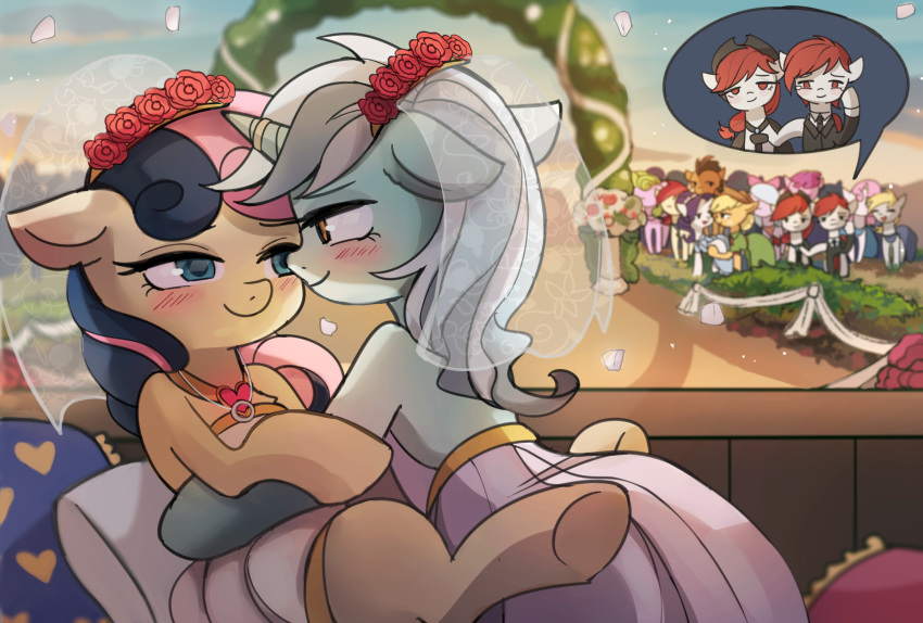 applejack_(mlp) blush bonbon_(mlp) clothing dress equid equine eye_contact female female/female feral friendship_is_magic hi_res horn looking_at_another lyra_heartstrings_(mlp) mammal my_little_pony rarity_(mlp) tcn_tancha unicorn wedding wedding_dress