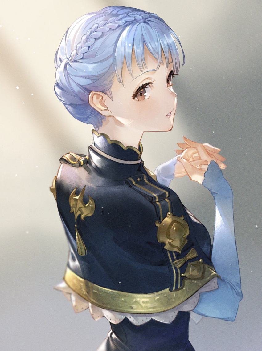 1girl back blue_capelet blue_dress blue_hair bomssp braid brown_eyes capelet commentary_request crown_braid dress epaulettes eyelashes fire_emblem fire_emblem:_three_houses hands_together highres light_particles long_sleeves looking_away marianne_von_edmund parted_lips shadow short_hair solo teeth