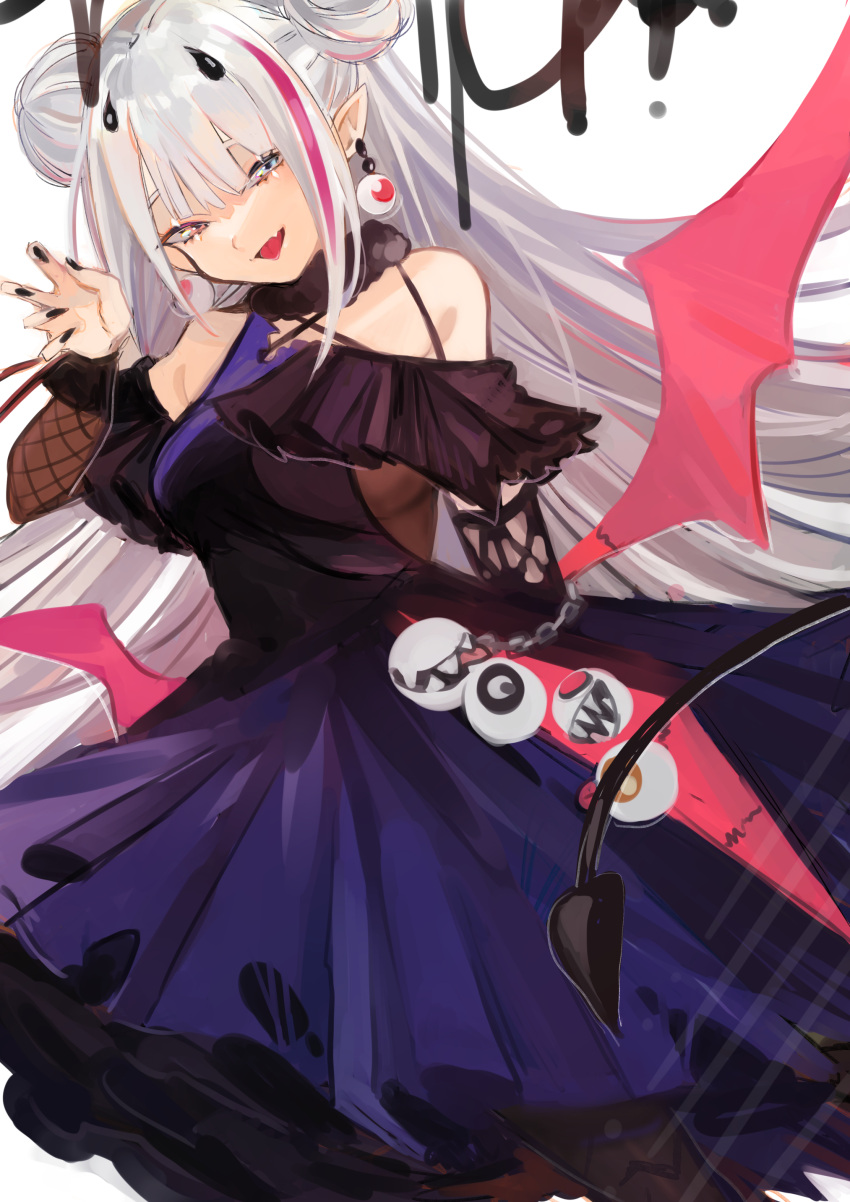 1girl aaoshigatoutoi absurdres bare_shoulders bat_wings black_nails blue_eyes demon_tail dress earrings eyeball_earrings fang girls_frontline hair_bun halloween_costume heterochromia highres jewelry long_hair looking_at_viewer mdr_(girls_frontline) multicolored_hair nail_polish official_alternate_costume pink_hair pointy_ears purple_dress smile solo streaked_hair tail white_background wings