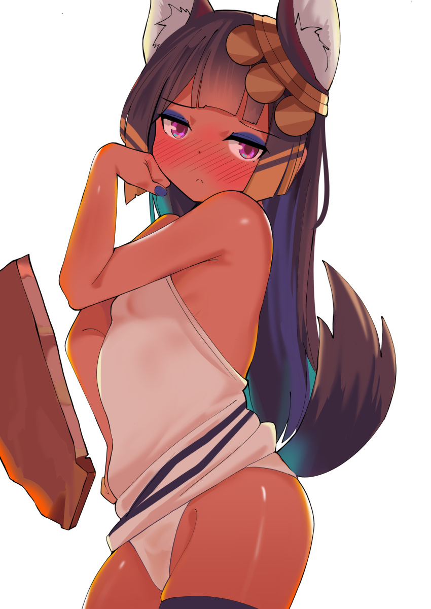 1girl animal_ears bangs bare_arms bare_shoulders black_hair blue_nails blush breasts closed_mouth commentary_request cowboy_shot dark_skin dark_skinned_female dress eyebrows_visible_through_hair groin hand_up highres long_hair looking_at_viewer nail_polish nose_blush original panties purple_eyes simple_background sleeveless sleeveless_dress small_breasts solo standing tail_raised toy_box-r underwear very_long_hair white_background white_dress white_panties