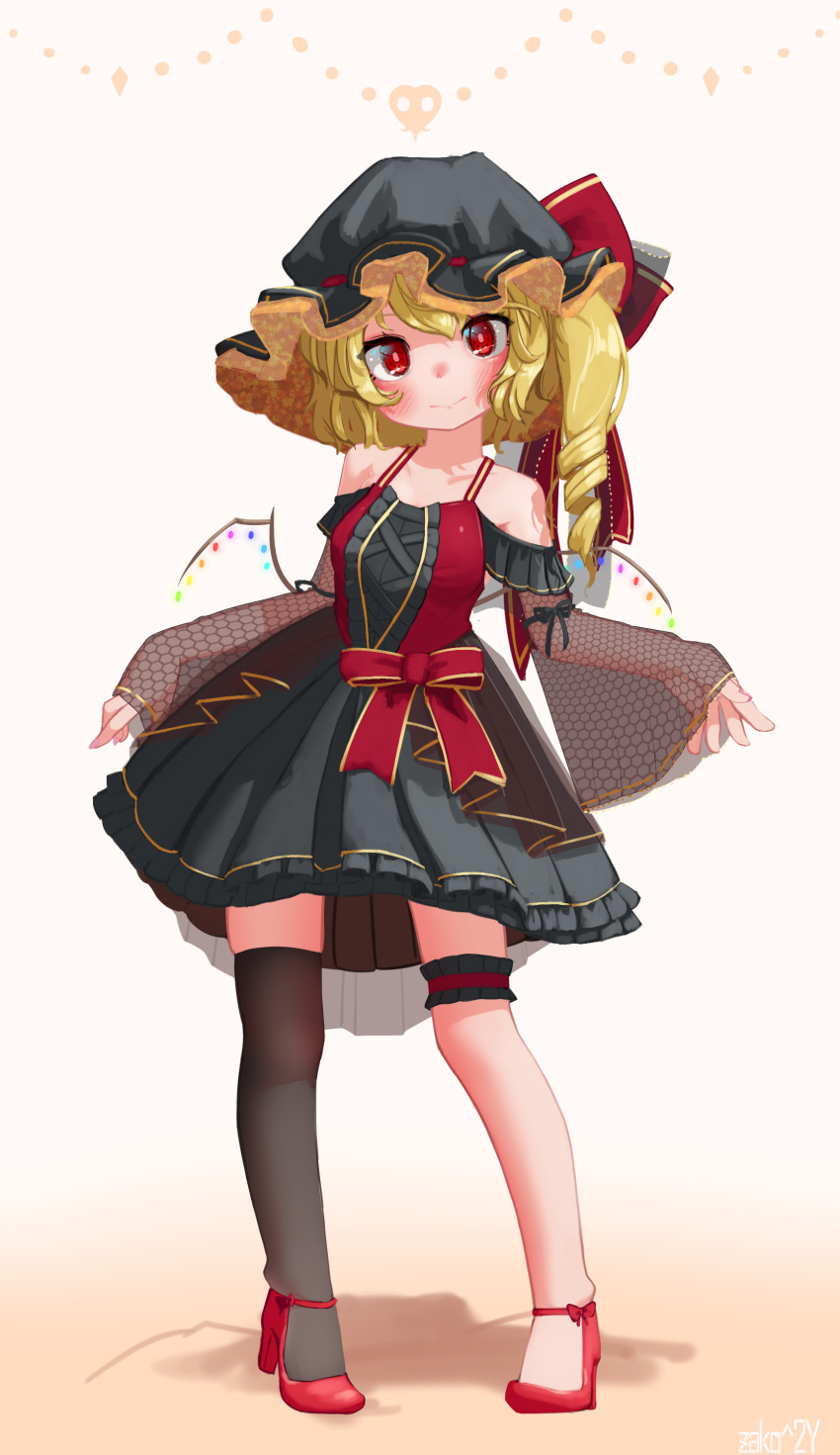 1girl :&gt; absurdres alternate_costume bangs bare_shoulders black_dress black_headwear black_legwear black_ribbon blonde_hair blush bow breasts bright_pupils closed_mouth collarbone commentary_request contrapposto crystal dress eyebrows_behind_hair flandre_scarlet full_body gold_trim gradient gradient_background hat hat_bow head_tilt high_heels highres leg_garter lolita_fashion looking_at_viewer mob_cap off-shoulder_dress off_shoulder one_side_up over-kneehighs red_bow red_eyes red_footwear red_ribbon ribbon see-through shadow shoe_bow shoes short_hair simple_background single_drill single_thighhigh sleeves_past_wrists small_breasts solo standing thighhighs touhou white_background wide_sleeves wings zakozako_y