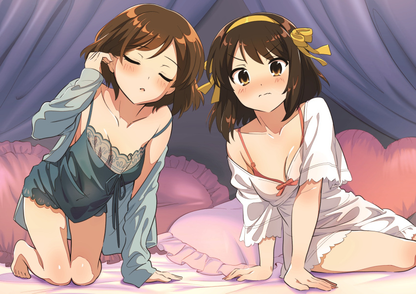 2girls arm_support bangs bare_shoulders barefoot blush bra breasts brown_eyes brown_hair cleavage closed_eyes closed_mouth collarbone commentary_request curtains embarrassed eyebrows_visible_through_hair facing_viewer feet frown full_body hair_ribbon hairband hand_in_hair hand_up heart heart_pillow highres hotaru_iori kneeling lingerie long_sleeves looking_at_viewer medium_hair multiple_girls negligee off_shoulder on_bed parted_lips pillow pink_bra ribbon sasaki_(suzumiya_haruhi) see-through short_hair short_sleeves suzumiya_haruhi suzumiya_haruhi_no_yuuutsu toes underwear valentine wavy_mouth yellow_hairband yellow_ribbon