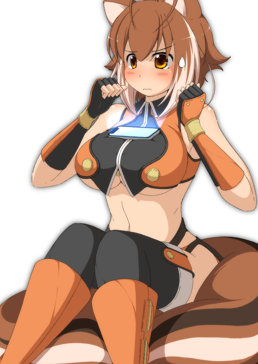 1girl absurdres animal_ears bare_shoulders blazblue blush boots breasts brown_eyes cellphone closed_mouth commentary_request fingerless_gloves gloves hair_between_eyes highres large_breasts makoto_nanaya mirano object_on_breast phone sitting sitting_on_tail smartphone solo squirrel_ears squirrel_girl squirrel_tail sweatdrop tail thighhighs thighhighs_under_boots underboob wavy_mouth