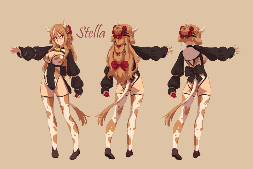 1girl animal_ear_fluff animal_ears animal_print apple ass bell bell_choker black_bow bow breasts brown_hair character_name character_profile character_sheet choker clade cleavage concept_art cow_ears cow_girl cow_horns cow_print cow_tail cowbell english_commentary facing_viewer flower food from_behind fruit full_body hair_flower hair_ornament highres holding holding_food holding_fruit horns large_breasts loafers long_hair long_sleeves looking_at_viewer multi-tied_hair multiple_views original outstretched_arm print_legwear print_leotard puffy_long_sleeves puffy_sleeves purple_eyes red_bow shoes shrug_(clothing) smile standing stella_(clade) tail tail_through_clothes turnaround variations