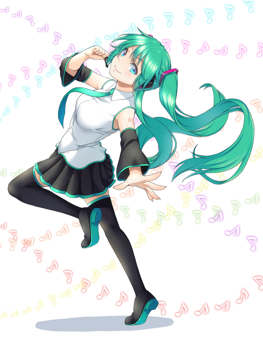 1girl absurdres bare_shoulders black_legwear black_skirt closed_mouth collared_shirt commentary detached_sleeves dress_shirt eighth_note eyebrows_visible_through_hair full_body green_eyes green_hair green_neckwear haruka_uta hatsune_miku headset highres long_hair looking_at_viewer musical_note necktie number_tattoo pleated_skirt shadow shiny shiny_hair shirt shoulder_tattoo simple_background skirt sleeveless sleeveless_shirt smile solo tattoo thighhighs twintails very_long_hair vocaloid white_background white_shirt zettai_ryouiki