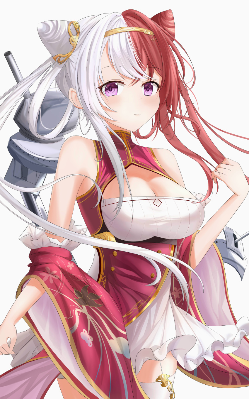 1girl absurdres azur_lane bare_shoulders breasts chao_ho_(azur_lane) chinese_clothes cleavage detached_sleeves dress framed_breasts gold_hairband gold_trim highres large_breasts long_hair looking_at_viewer multicolored_hair proverbs_zhenyan purple_eyes red_dress red_hair rigging simple_background single_thighhigh solo thighhighs turret two-tone_dress two-tone_hair white_background white_dress white_hair white_legwear wide_sleeves
