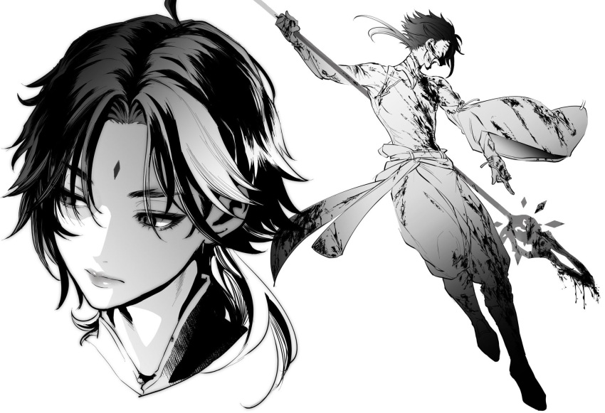 1boy ahoge bangs bare_shoulders blood blood_on_face blood_splatter blood_stain bloody_clothes bloody_hands bloody_weapon closed_mouth detached_sleeves eyebrows_visible_through_hair eyes_visible_through_hair facial_mark forehead_mark genshin_impact greyscale highres holding holding_polearm holding_spear holding_weapon lips long_hair looking_to_the_side male_focus monochrome multicolored_hair parted_bangs polearm simple_background sleeveless spear uuuuuuushin weapon xiao_(genshin_impact)