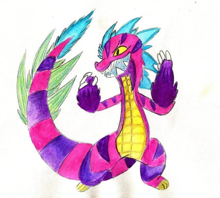 big_tail claws furry hi_res invalid_tag painting_(artwork) pencil_(disambiguation) pink_body scalie spikes teeth traditional_media_(artwork) watercolor_(artwork) yellow_eyes