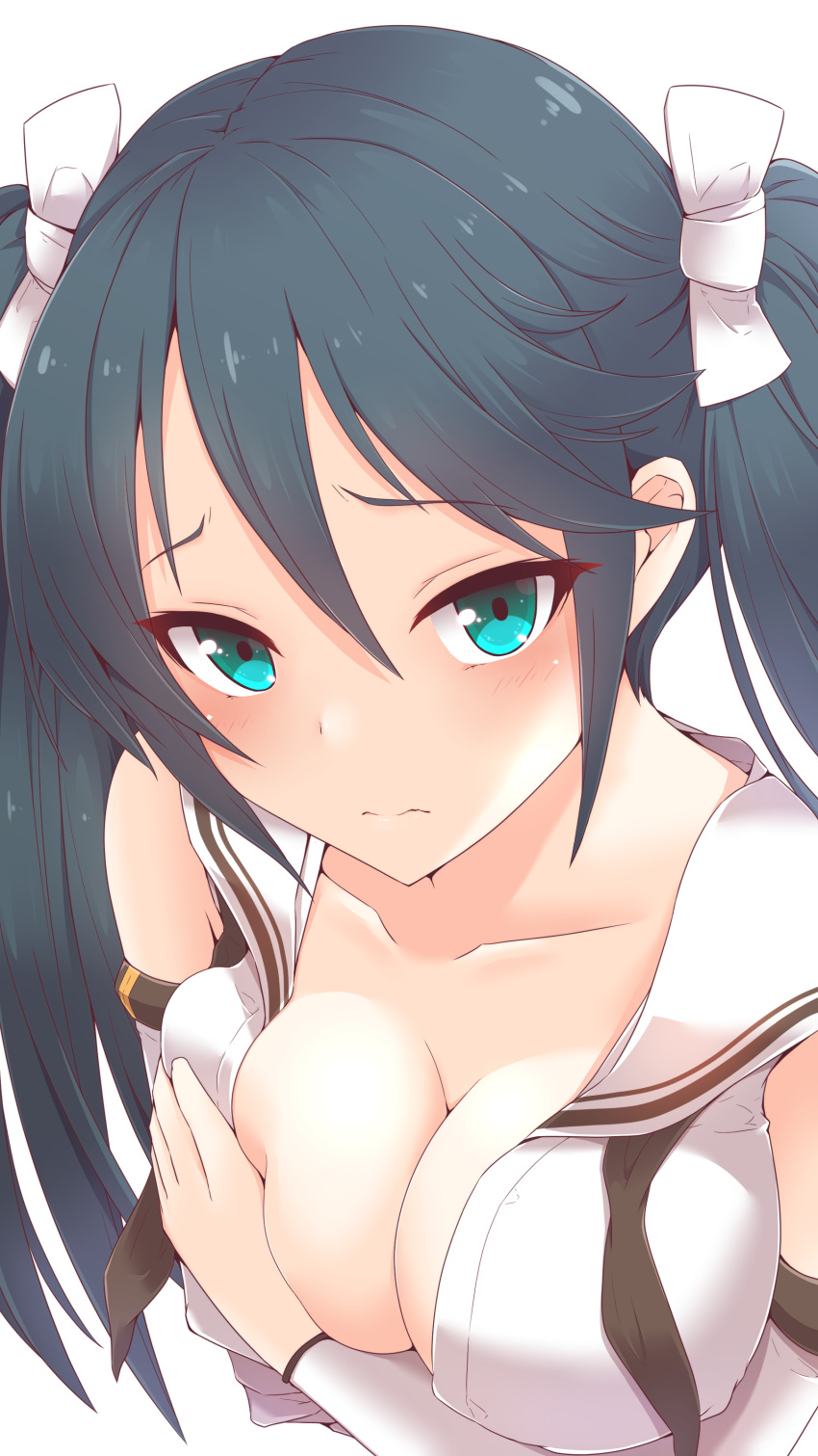 1girl absurdres bare_shoulders blue_eyes blue_hair blush breasts cleavage closed_mouth collarbone detached_sleeves hair_between_eyes highres isuzu_(kancolle) kantai_collection koumei_(twinameless) large_breasts long_hair sailor_collar simple_background solo twintails upper_body white_background white_sailor_collar