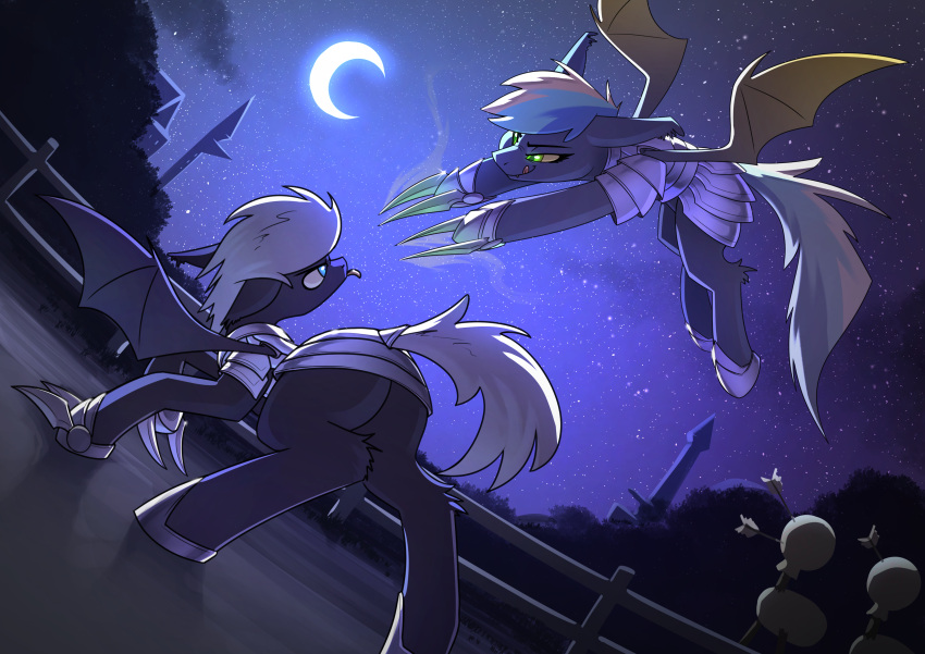 absurd_res detailed_background digital_media_(artwork) duo fan_character feral hair hasbro hi_res membrane_(anatomy) membranous_wings moon my_little_pony night outside sky star starry_sky underpable white_hair wings