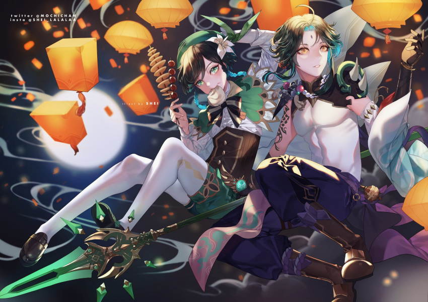 2boys ahoge arm_tattoo bangs baozi bare_shoulders bead_necklace beads black_gloves black_hair blue_hair bow braid cape closed_mouth detached_sleeves eating facial_mark flower food food_in_mouth forehead_mark genshin_impact gloves gradient_hair green_eyes green_hair green_headwear hair_flower hair_ornament hat highres holding holding_polearm holding_spear holding_weapon jewelry lantern long_hair long_sleeves looking_at_viewer male_focus moon multicolored_hair multiple_boys necklace open_mouth parted_bangs polearm ribbon shei99 shoes shoulder_pads shoulder_spikes sleeveless smile spear spikes tassel tattoo twin_braids venti_(genshin_impact) vision_(genshin_impact) weapon white_legwear xiao_(genshin_impact) yellow_eyes
