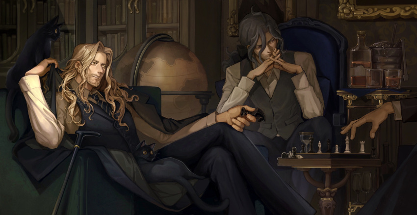3boys absurdres alcohol black_cat black_neckwear black_pants black_vest blonde_hair board_game book bookshelf cane cat chair chess cup darnic_prestone_yggdmillennia facial_hair fate/apocrypha fate_(series) gan'yugu globe grey_hair grey_vest hands hands_together highres ice_bucket indoors interlocked_fingers long_sleeves multiple_boys necktie painting_(object) pants shirt sitting table tongs vest vlad_iii_(fate/apocrypha) white_shirt