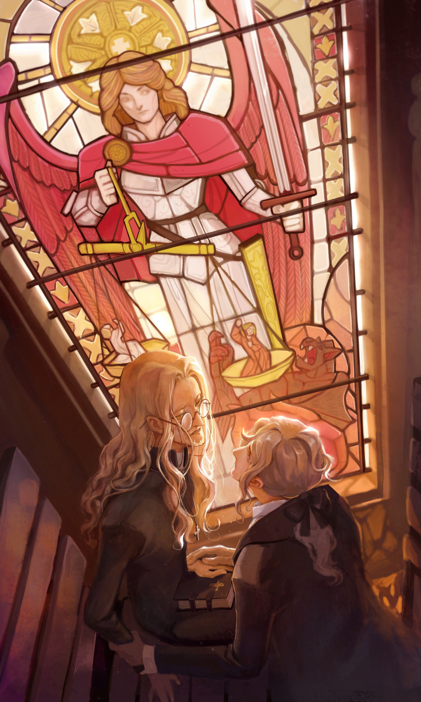 2boys absurdres bench bible blonde_hair cross cross_necklace darnic_prestone_yggdmillennia eye_contact facial_hair fate/apocrypha fate_(series) gan'yugu glasses highres holding_hand indoors jewelry long_hair long_sleeves looking_at_another multiple_boys necklace sitting stained_glass vlad_iii_(fate/apocrypha) wavy_hair white_hair window yellow_eyes