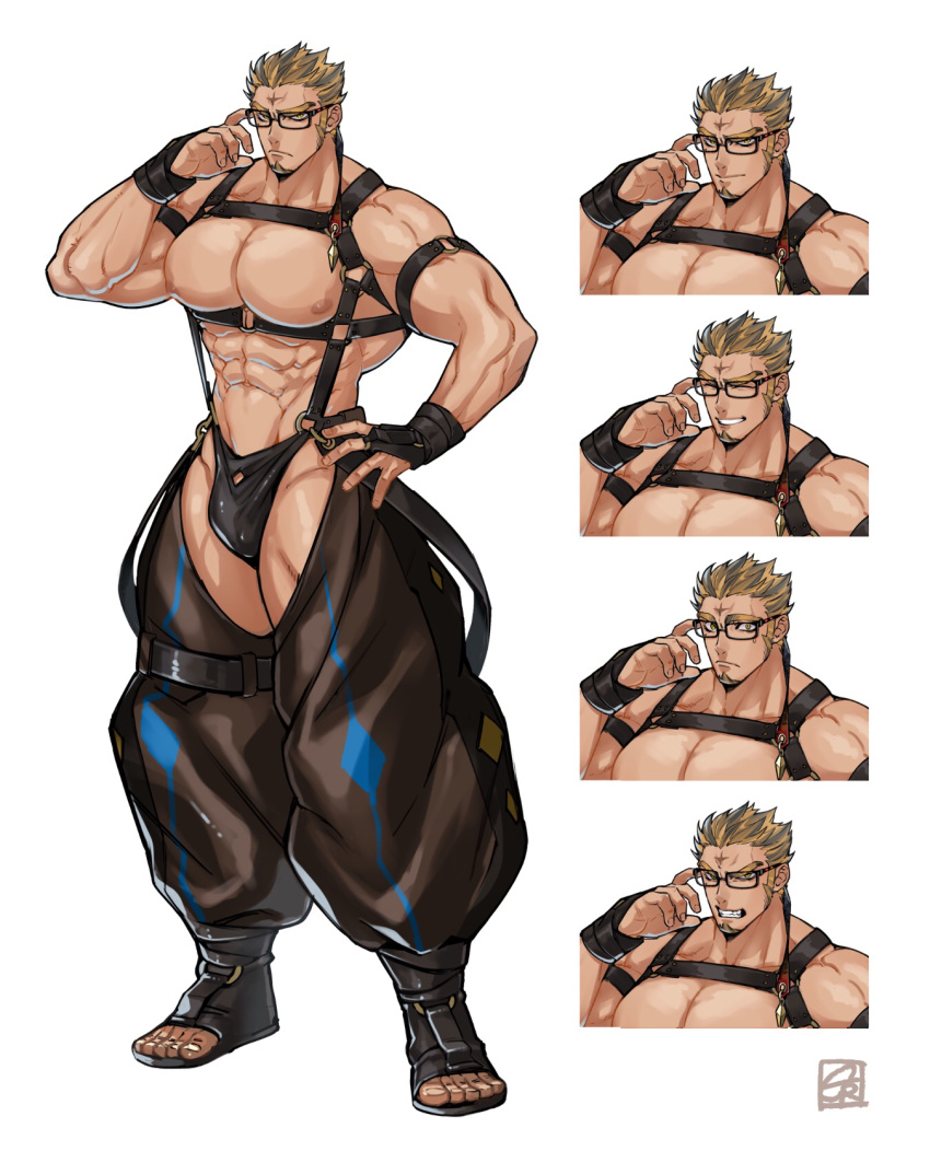 1boy abs bara bare_pecs bare_shoulders black-framed_eyewear black_male_underwear blonde_hair briefs bulge bursting_pecs chest_harness clothing_cutout crotchless crotchless_pants expressions facial_hair full_body goatee hand_on_hip harness highres large_pectorals male_focus male_underwear mature_male muscular muscular_male navel nipples original pectorals revealing_clothes short_hair smile solo stomach tabletop_rpg thick_thighs thigh_cutout thighs torawar underwear