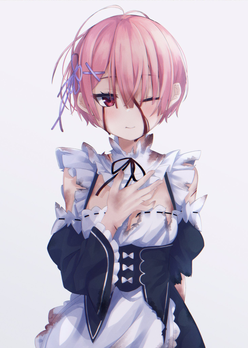 1girl apron bangs black_dress black_ribbon blood blood_on_face breasts commentary_request cuts detached_sleeves dress flower_knot frills hair_ornament hands_on_own_chest highres injury kiona_(giraffe_kiona) looking_at_viewer maid neck_ribbon pink_hair ram_(re:zero) re:zero_kara_hajimeru_isekai_seikatsu red_eyes ribbon ribbon-trimmed_clothes ribbon-trimmed_sleeves ribbon_trim short_hair simple_background small_breasts smile solo torn_clothes torn_dress waist_apron white_background x_hair_ornament