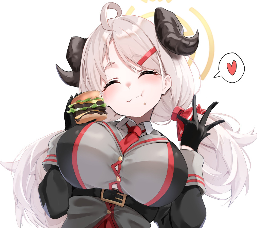 ahoge belt black_gloves blue_archive breasts closed_eyes commentary_request eating food gloves grey_hair hair_ornament hairclip halo hamburger heart highres horns izumi_(blue_archive) large_breasts long_hair low_twintails necktie portrait simple_background spoken_heart twintails uniform white_background