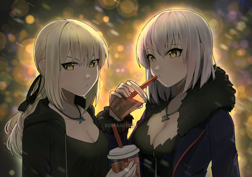 2girls alternate_hairstyle artoria_pendragon_(all) backlighting black_dress black_ribbon blonde_hair blue_coat blurry blurry_background blush breasts bubble_tea cleavage coat cup disposable_cup dress drinking_straw english_commentary fate/grand_order fate_(series) fur_trim hair_ribbon highres hood hood_down hoodie jeanne_d'arc_(alter)_(fate) jeanne_d'arc_(fate)_(all) jet_black_king_of_knights_ver._shinjuku_1999 jewelry kumaartsu low_ponytail medium_breasts medium_hair multiple_girls necklace night open_clothes open_coat open_hoodie pixiv_fate/grand_order_contest_1 ribbon saber_alter short_hair silver_hair standing upper_body wicked_dragon_witch_ver._shinjuku_1999 yellow_eyes