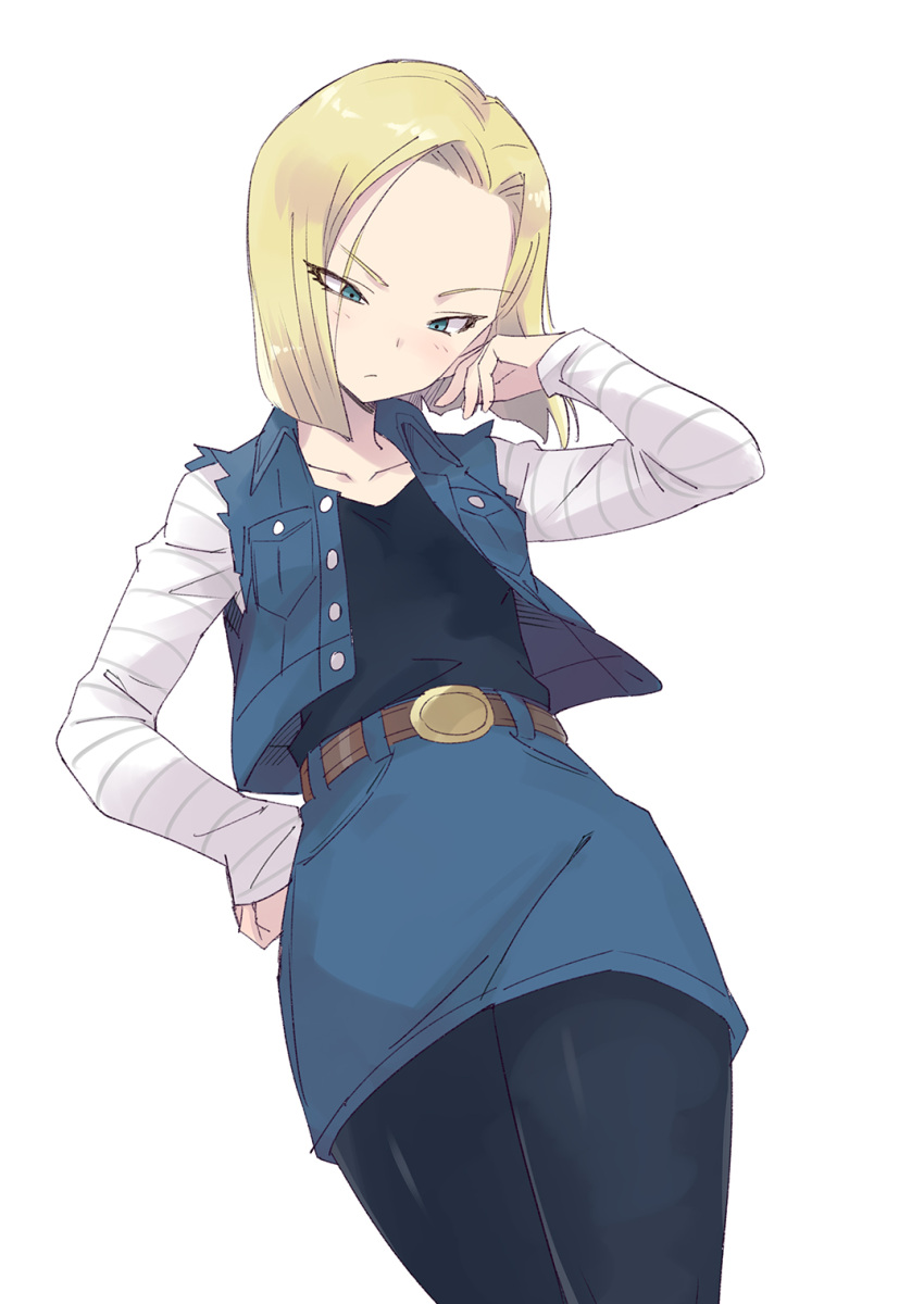 1girl android_18 blonde_hair blue_jacket breasts collarbone denim denim_jacket denim_skirt dragon_ball forehead hatching_(texture) highres jacket linear_hatching looking_down pantyhose simple_background skirt small_breasts solo usatsuka_eiji white_background
