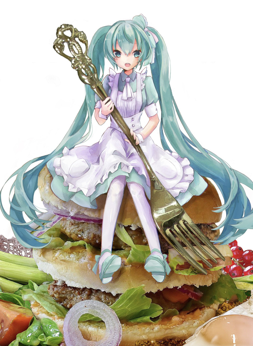 1girl apron aqua_dress aqua_eyes aqua_hair commentary dress food fork frilled_apron frilled_ribbon frills full_body hair_ribbon hamburger hatsune_miku highres holding holding_fork lettuce long_hair looking_at_viewer minigirl onion open_mouth ornate photo-referenced red_onion ribbon s_misaki short_sleeves simple_background sitting smile solo twintails very_long_hair vocaloid white_apron white_background white_legwear