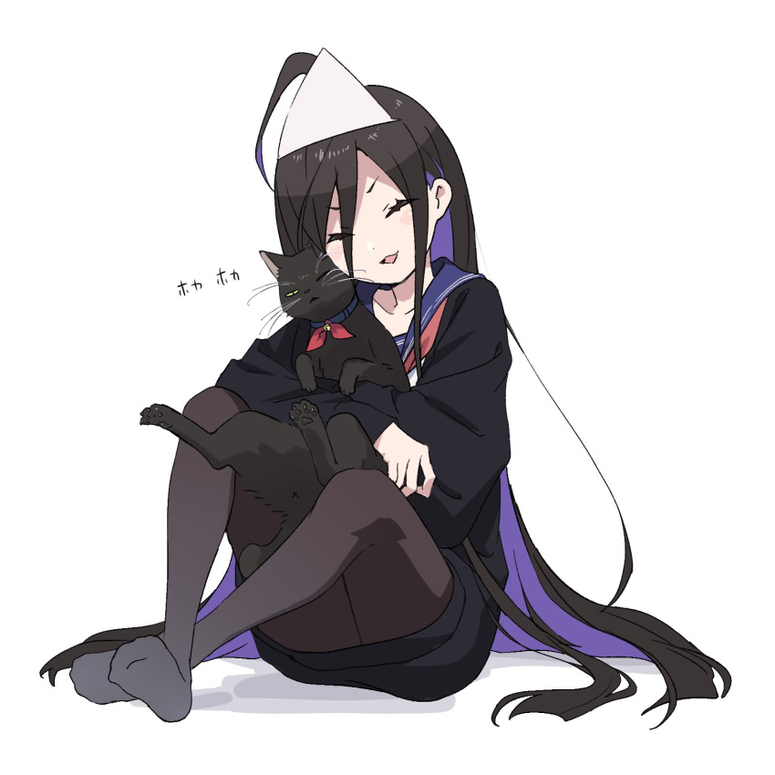 1girl :d ^_^ ahoge animal animal_hug black_cardigan black_cat black_hair black_legwear blue_sailor_collar cardigan cat closed_eyes commentary_request full_body highres knees_up long_hair multicolored_hair neckerchief no_shoes original pantyhose purple_hair red_neckwear sailor_collar shadow shirt sitting smile soles solo tama_(tama-s) translated triangular_headpiece two-tone_hair very_long_hair white_background white_headwear white_shirt yurako-san_(tama)