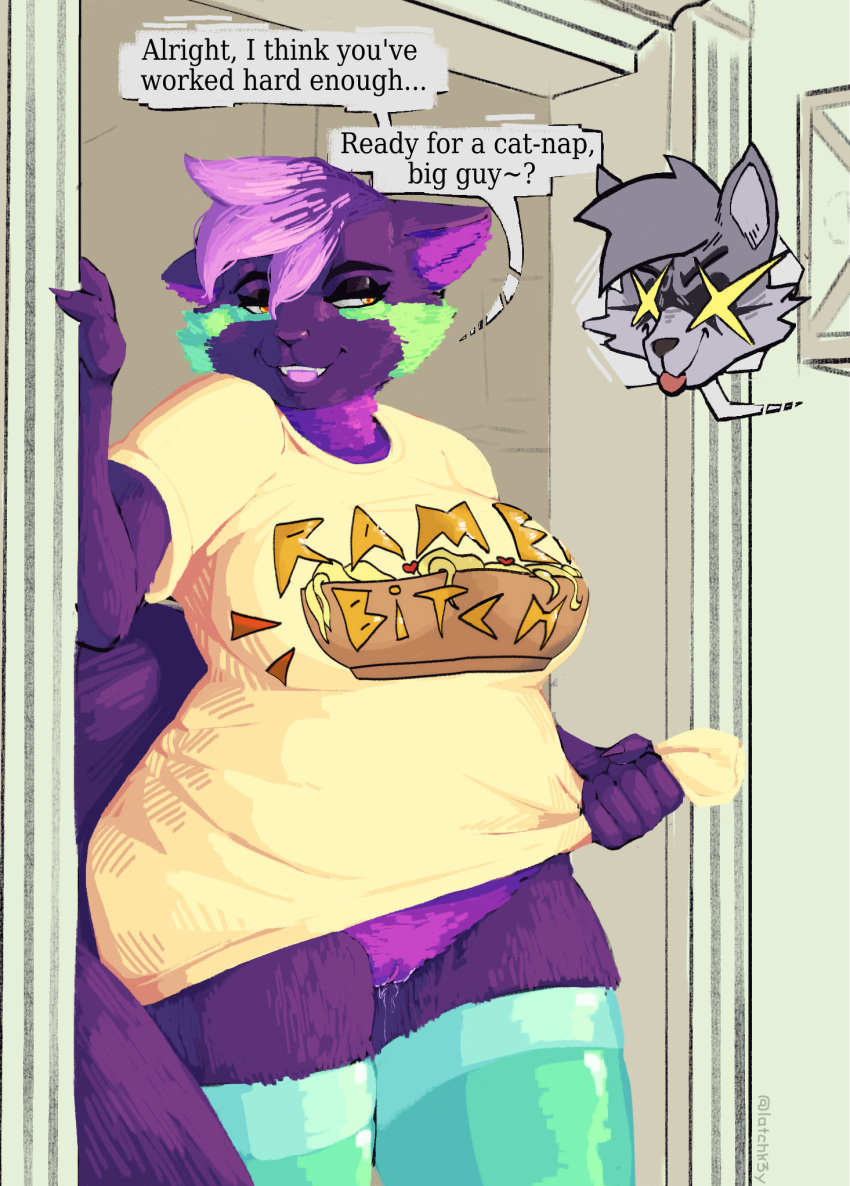 2019 anthro bedroom_eyes black_nose bodily_fluids bottomless bowl canid canine canis claws clothed clothing clothing_lift countershade_torso countershading digital_media_(artwork) domestic_cat domestic_dog doorway duo english_text eyebrows eyelashes eyeshadow facial_markings fangs felid feline felis female fluffy fluffy_tail food footwear fur genital_fluids genitals green_body green_fur green_markings grey_body grey_fur hair head_markings hi_res highlights_(coloring) inner_ear_fluff katty_hupokoro latchk3y legwear makeup male mammal markings narrowed_eyes noodles open_mouth pink_hair profanity purple_body purple_fur purple_hair pussy pussy_juice ramen rutmutt seductive shirt shirt_lift signature smile socks speech_bubble text thigh_highs tongue tongue_out topwear tuft yellow_eyes