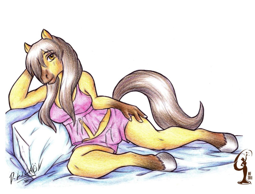 2011 anthro bed breasts clothed clothing darksteellycaon equid equine female fur furniture hair hooves horse lying mammal on_side pajamas pillow pink_clothing pose signature simple_background smile solo traditional_media_(artwork)