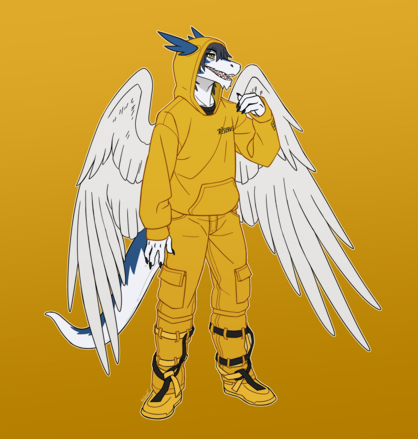 anthro bottomwear clei clothing dragon feathered_dragon feathers footwear hair hi_res hoodie male nameless00 pants shoes simple_background solo standing topwear windragon wings yellow_background yellow_clothing
