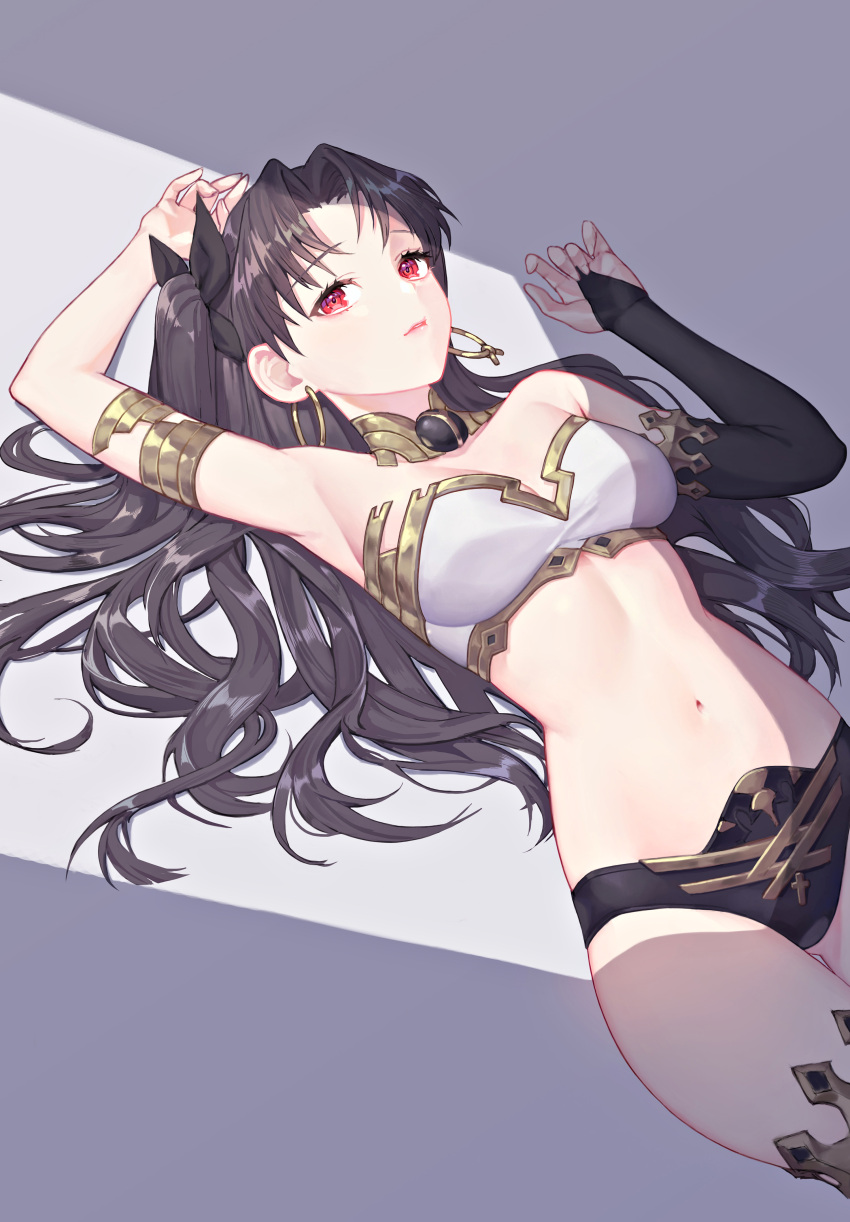 1girl absurdres arm_up armlet armpits bangs bikini black_hair bracelet breasts detached_sleeves earrings fate/grand_order fate_(series) gold_trim hair_ribbon highres hoop_earrings ishtar_(fate) ishtar_(fate)_(all) jewelry long_hair looking_at_viewer lying medium_breasts mismatched_bikini neck_ring on_back parted_bangs parted_lips red_eyes ribbon single_detached_sleeve sugarhigh swimsuit thighlet thighs tiara two_side_up