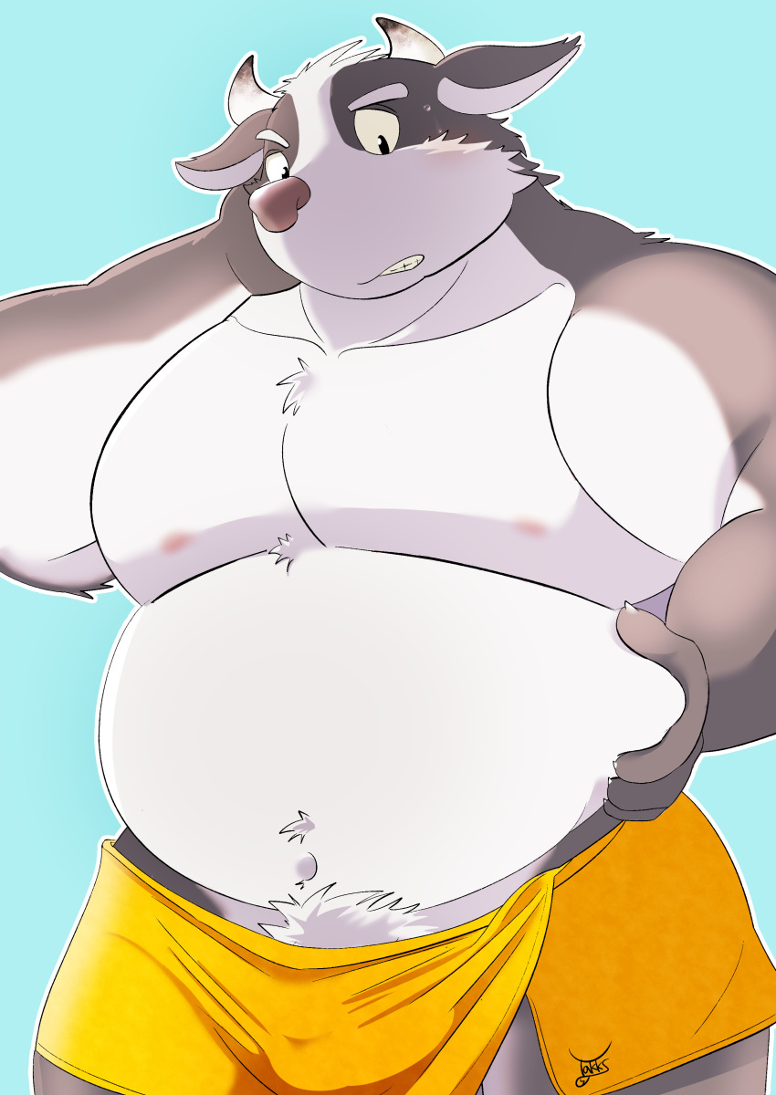 2021 absurd_res anthro black_body black_fur bodily_fluids bovid bovine bulge cattle fur hi_res humanoid_hands kemono male mammal overweight overweight_anthro overweight_male solo sweat takkusk towel white_body white_fur