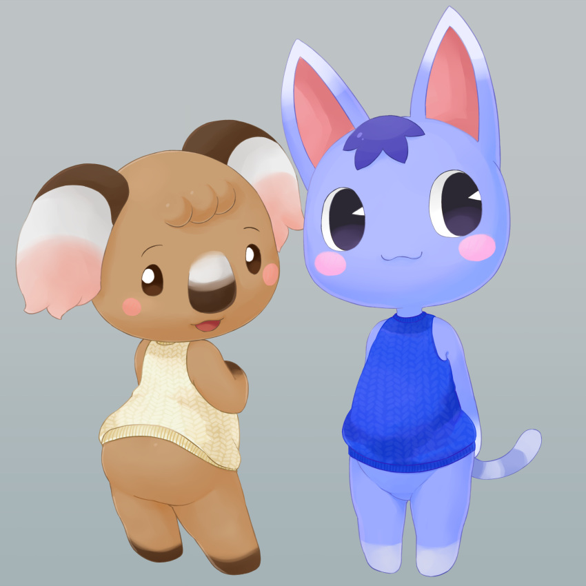 2girls :3 absurdres animal_crossing animal_ears animal_nose arms_behind_back ass bangs bare_shoulders barefoot blue_fur blue_hair blue_sweater blush blush_stickers body_fur bottomless brown_eyes brown_fur cat_ears cat_girl cat_tail closed_mouth commentary flat_chest from_behind full_body furry grey_background hand_up happy highres kagehito_(hitokage22) koala_ears koala_girl looking_at_viewer looking_back looking_to_the_side melba_(animal_crossing) multiple_girls open_mouth purple_eyes rosie_(animal_crossing) short_hair simple_background sleeveless_sweater smile standing sweater tail yellow_sweater