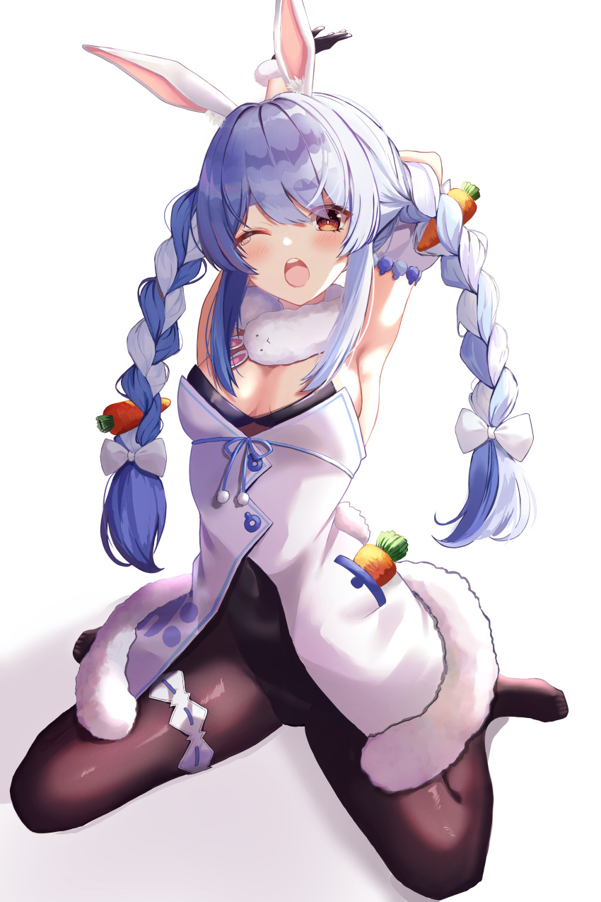 1girl ;o absurdres animal_ear_fluff animal_ears arm_behind_back arm_up armpits bangs bitseon black_gloves black_leotard blue_hair blush bow braid breasts brown_legwear bunny-shaped_pupils bunny_ears bunny_tail carrot carrot_hair_ornament commentary covered_navel detached_sleeves dress eyebrows_visible_through_hair food_themed_hair_ornament full_body fur-trimmed_dress fur-trimmed_gloves fur_scarf fur_trim gloves hair_between_eyes hair_bow hair_ornament highres hololive leotard long_hair looking_at_viewer md5_mismatch multicolored_hair one_eye_closed open_mouth orange_eyes outstretched_arm pantyhose pocket pom_pom_(clothes) puffy_short_sleeves puffy_sleeves shadow shiny shiny_clothes shiny_hair short_dress short_eyebrows short_sleeves sidelocks simple_background sitting sleeveless sleeveless_dress small_breasts solo stretch tail tears thick_eyebrows thigh_strap twin_braids two-tone_hair upper_teeth usada_pekora virtual_youtuber wariza white_background white_bow white_dress white_hair yawning