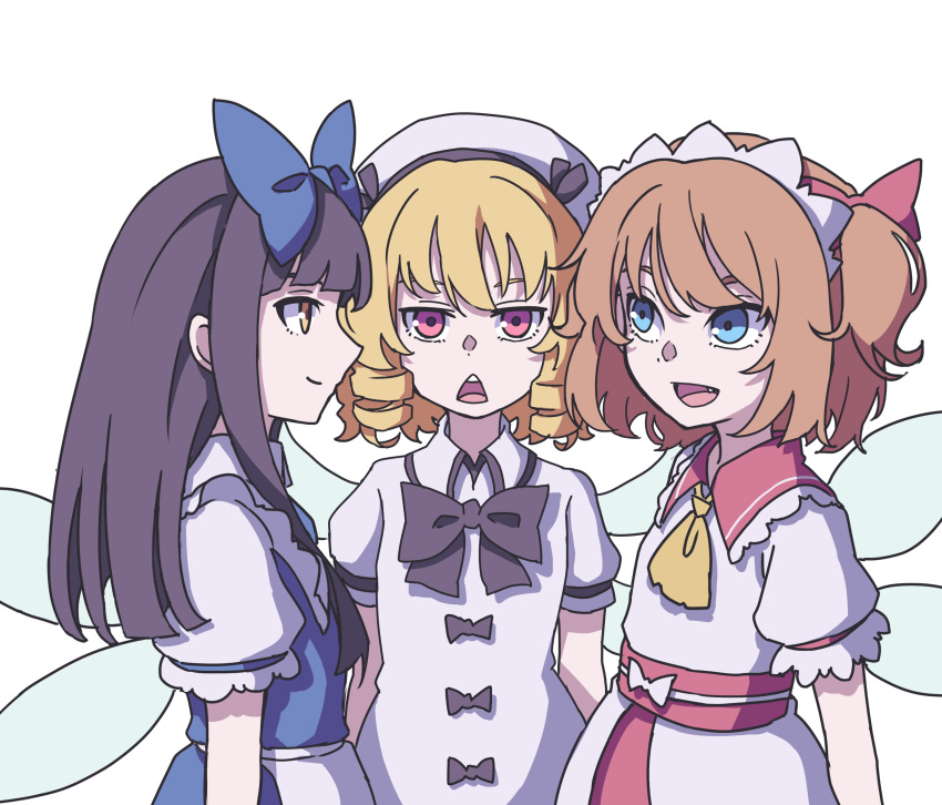 3girls :d absurdres ascot beret black_bow black_hair black_neckwear blonde_hair blue_bow blue_dress blue_eyes bow bowtie brown_hair closed_mouth commentary_request dress drill_hair eyebrows_behind_hair fairy_wings flat_chest hair_bow hat highres jitome kame_(kamepan44231) long_hair looking_at_another looking_at_viewer luna_child maid_headdress multiple_girls open_mouth pinafore_dress profile puffy_short_sleeves puffy_sleeves red_bow red_eyes shirt short_hair short_sleeves simple_background smile star_sapphire sunny_milk touhou triangle_mouth twin_drills two_side_up upper_body white_background white_dress white_headwear white_shirt wings yellow_eyes yellow_neckwear
