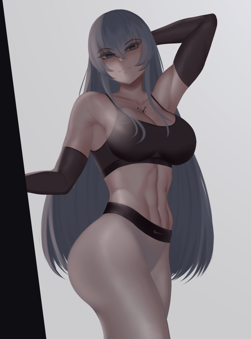 1girl abs absurdres akame_ga_kill! black_gloves black_tank_top blue_eyes blue_hair breasts cleavage doorway elbow_gloves esdeath gloves highres large_breasts looking_at_viewer nike pants sports_bra sportswear tank_top toned white_pants yoga_pants zaki_(zaki_btw)