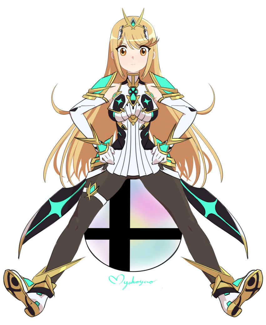 1girl absurdres artist_name blonde_hair detached_sleeves hands_on_hips highres long_hair looking_at_viewer myahogao mythra_(xenoblade) simple_background sitting smash_ball spread_legs super_smash_bros. tiara xenoblade_chronicles_(series) xenoblade_chronicles_2 yellow_eyes