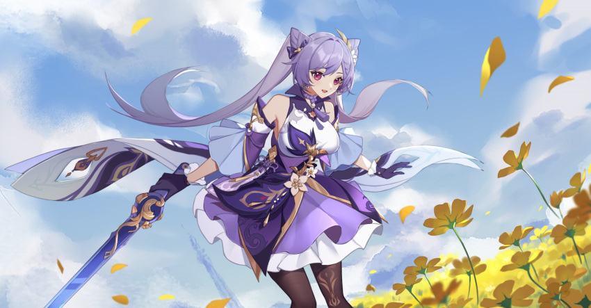 1girl bangs bare_shoulders black_legwear bow breasts catttleo cloud cloudy_sky day detached_sleeves double_bun dress eyebrows_visible_through_hair flower frilled_dress frilled_gloves frilled_skirt frilled_sleeves frills genshin_impact gloves hair_bow hair_ornament hair_ribbon highres holding holding_sword holding_weapon keqing_(genshin_impact) long_hair looking_at_viewer medium_breasts open_mouth outdoors pantyhose petals purple_eyes purple_hair ribbon skirt sky smile solo sword tassel twintails weapon white_flower yellow_flower