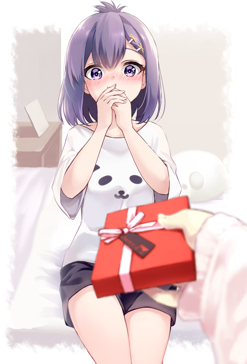 1girl absurdres bangs black_shorts blurry blurry_foreground blush box breasts commentary_request covering_mouth depth_of_field eyebrows_behind_hair gabriel_dropout gift gift_box hair_between_eyes hair_ornament hairclip hands_up highres holding holding_gift long_sleeves nose_blush on_bed out_of_frame purple_eyes purple_hair sazanka shirt short_shorts short_sleeves shorts sitting sitting_on_bed sleeves_past_wrists small_breasts solo_focus surprised tsukinose_vignette_april white_shirt wide_sleeves x_hair_ornament