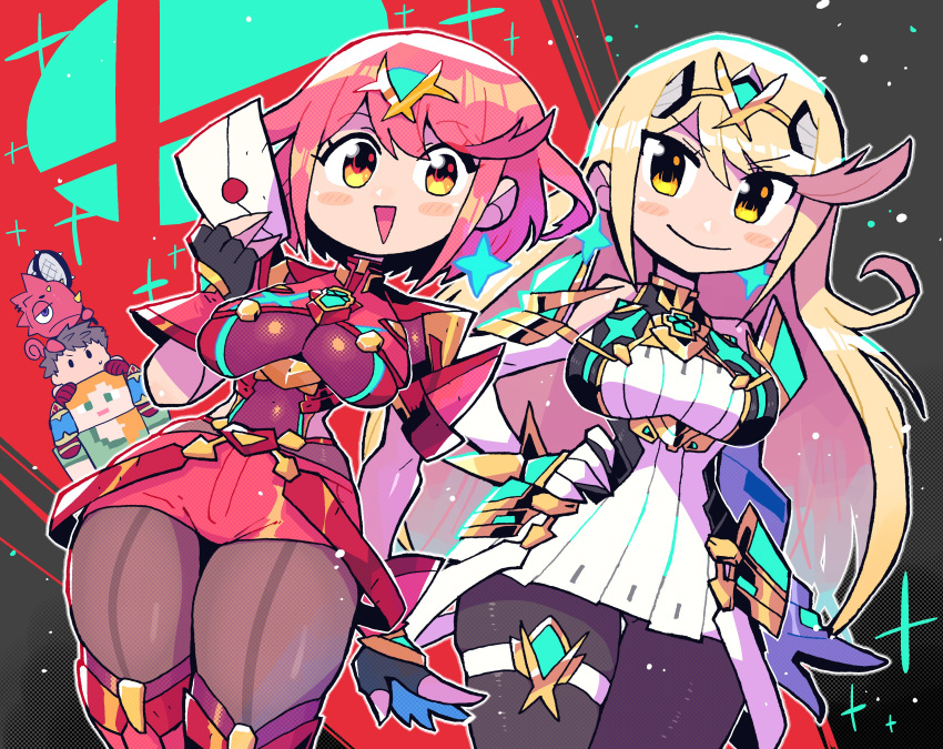 3girls absurdres alex_(minecraft) animal_crossing arm_at_side blonde_hair chibi fingerless_gloves flick_(animal_crossing) gloves hand_on_hip highres legwear_under_shorts letter looking_at_viewer minecraft multiple_girls mythra_(xenoblade) panties pantyhose pink_hair pyra_(xenoblade) rariatto_(ganguri) rex_(xenoblade) short_shorts shorts smash_invitation smile super_smash_bros. thighhighs tiara underwear xenoblade_chronicles_(series) xenoblade_chronicles_2