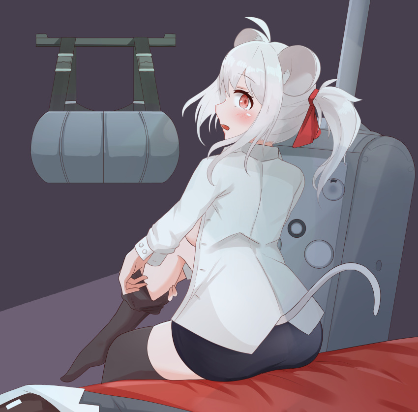 1girl absurdres animal_ears blush breasts daebom dressing ground_vehicle highres long_hair medium_breasts military military_vehicle motor_vehicle mouse_ears mouse_tail original panzerkampfwagen_viii_maus personification ponytail red_eyes sideboob solo tail tank white_hair