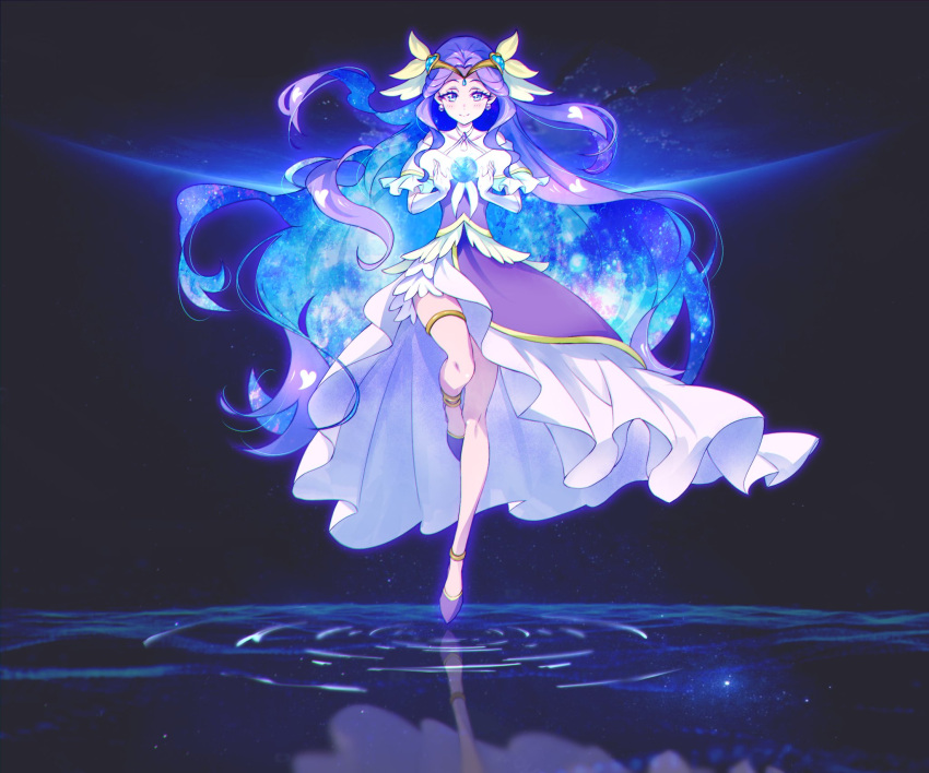 1girl blue_eyes circlet cure_earth dress elbow_gloves floating_hair full_body fuurin_asumi gloves hair_intakes healin'_good_precure highres kyoutsuugengo layered_dress long_hair precure pumps purple_dress purple_footwear purple_hair shiny shiny_hair solo standing standing_on_one_leg thighlet very_long_hair water_surface white_gloves