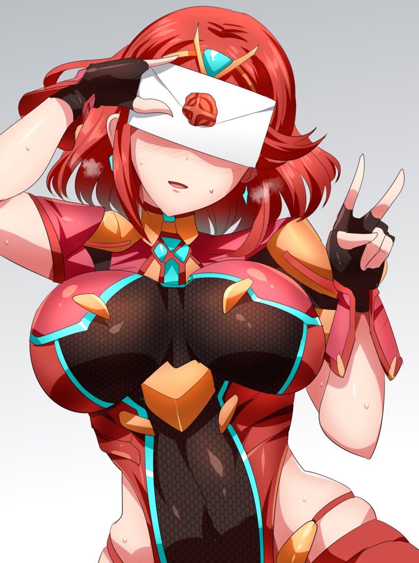 1girl belly blush bracer breasts covered_navel fingerless_gloves gloves highres huge_breasts jewelry large_breasts magukappu pose pyra_(xenoblade) red_hair red_shorts short_hair shorts solo super_smash_bros. sweat sweatdrop tiara v xenoblade_chronicles_(series) xenoblade_chronicles_2