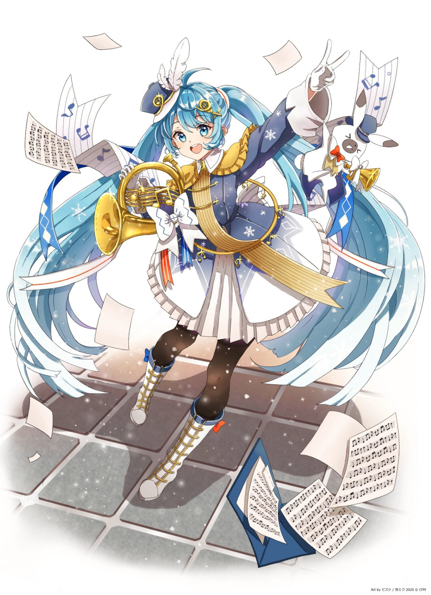 1girl :d ahoge bangs black_legwear blue_eyes blue_hair boots bunny eyebrows_visible_through_hair feathers floating_hair full_body gloves gradient_hair hair_between_eyes hair_feathers hair_ornament hatsune_miku highres knee_boots long_hair looking_at_viewer macha_3939 miniskirt multicolored_hair open_mouth pantyhose pleated_skirt silver_hair skirt smile snowflake_hair_ornament snowflake_print solo twintails very_long_hair vocaloid white_background white_feathers white_footwear white_gloves white_skirt yuki_miku