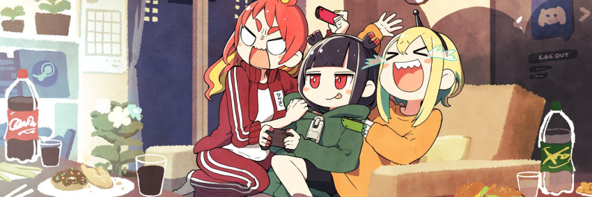 &gt;_&lt; 3girls :p amano_pikamee angry antennae arm_up bangs black_hair black_shorts blonde_hair blunt_bangs blush_stickers calendar_(object) chopsticks clock closed_eyes controller couch crying cup discord doughnut fiery_hair food game_controller green_hoodie green_shorts gyari_(imagesdawn) hair_ornament hairband hamburger hand_on_another's_shoulder happy hikasa_tomoshika holding holding_controller holding_game_controller hood hoodie indoors jacket jitomi_monoe laughing magnet medium_hair multiple_girls night official_art orange_shirt pants plant plate potted_plant red_hair red_jacket red_pants room shadow shelf shirt short_hair shorts smile soda_bottle steam_(platform) thick_eyebrows tongue tongue_out track_jacket track_pants v-shaped_eyebrows voms wall_clock white_shirt zipper_pull_tab