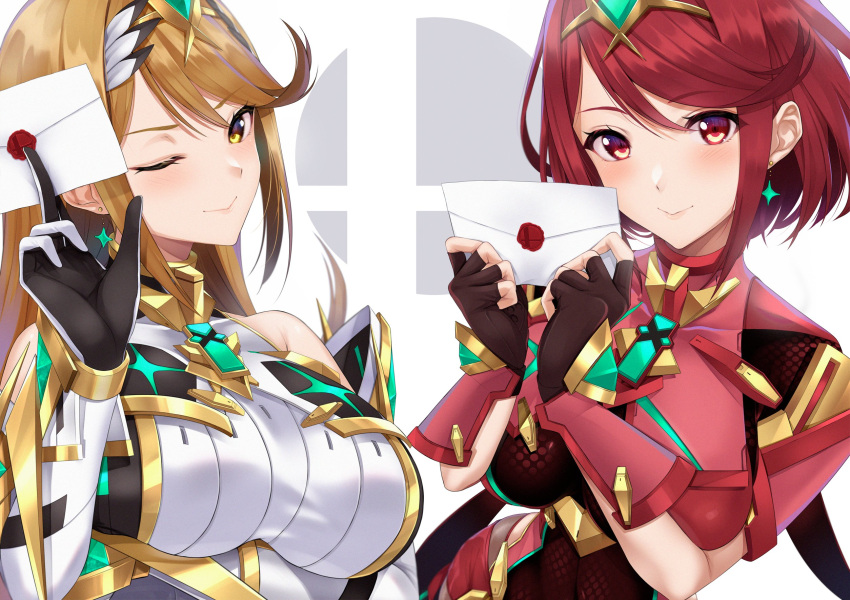 2girls bangs black_gloves blonde_hair breasts chest_jewel dress earrings elbow_gloves fingerless_gloves gloves headpiece highres jewelry large_breasts long_hair multiple_girls mythra_(xenoblade) one_eye_closed pyra_(xenoblade) red_eyes red_hair short_dress short_hair smash_invitation super_smash_bros. swept_bangs tiara very_long_hair white_gloves xenoblade_chronicles_(series) xenoblade_chronicles_2 yellow_eyes yuuki_shin