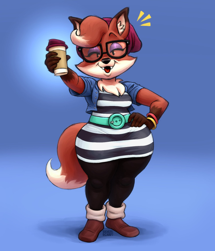 anthro beanie belt beverage bottomwear canid canine clothing coffee eyeshadow eyewear female footwear fox foxy_(planet_coaster) fur glasses hat headgear headwear hi_res leggings legwear makeup mammal orange_body orange_fur planet_coaster silverscarf solo tights topwear