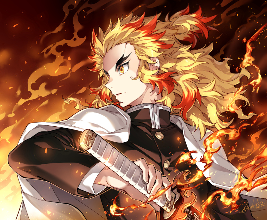 all_male blonde_hair cape close fire katana kimetsu_no_yaiba long_hair magic male nardack ponytail rengoku_kyoujurou sword uniform weapon yellow_eyes