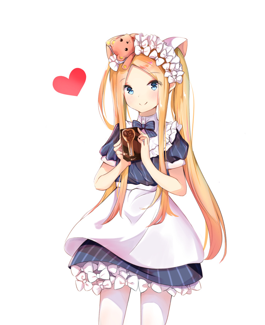 1girl abigail_williams_(fate) absurdres apron bangs blonde_hair blue_bow blue_dress blue_eyes bow closed_mouth commentary_request dress eyebrows_visible_through_hair fate/grand_order fate_(series) forehead hair_bow heart highres holding long_hair pantyhose parted_bangs puffy_short_sleeves puffy_sleeves short_sleeves smile solo striped striped_bow stuffed_animal stuffed_toy teddy_bear twintails valentine vertical-striped_dress vertical_stripes very_long_hair waist_apron white_apron white_bow white_legwear yukaa