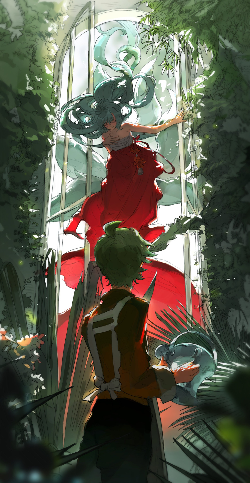 1boy 1girl absurdres ahoge apron bandages bare_shoulders blurry blurry_foreground closed_eyes closed_mouth collarbone dress flower fox_tail green_hair highres holding holding_watering_can kitsune long_hair multiple_tails original plant red_dress smile srasa standing tail very_long_hair watering_can