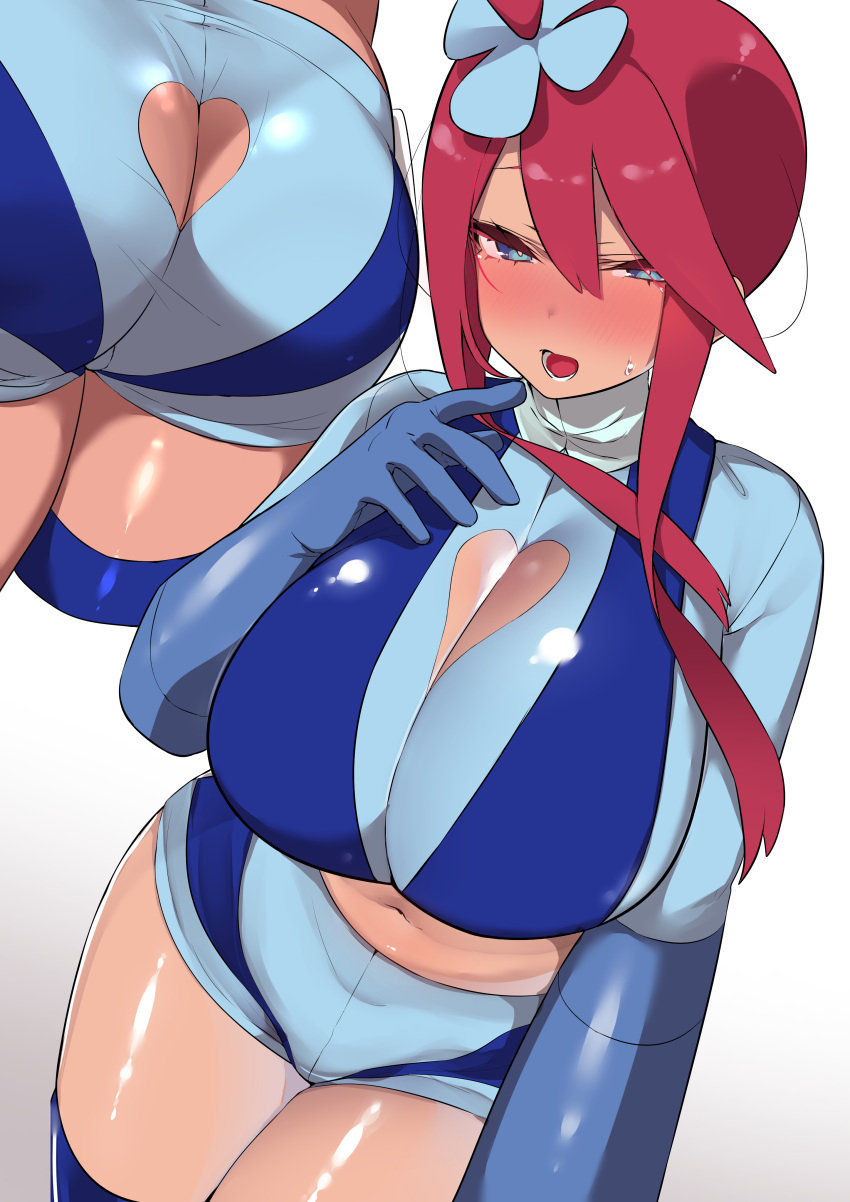 1girl absurdres ass bangs blue_eyes blue_gloves blue_shorts blush breasts cleavage cleavage_cutout clothing_cutout crop_top dark_skin dark_skinned_female gloves gym_leader hair_ornament highres large_breasts long_hair long_sleeves looking_at_viewer mitsudoue multiple_views navel open_mouth pokemon pokemon_(game) pokemon_bw red_hair short_shorts shorts sidelocks skyla_(pokemon) thighs