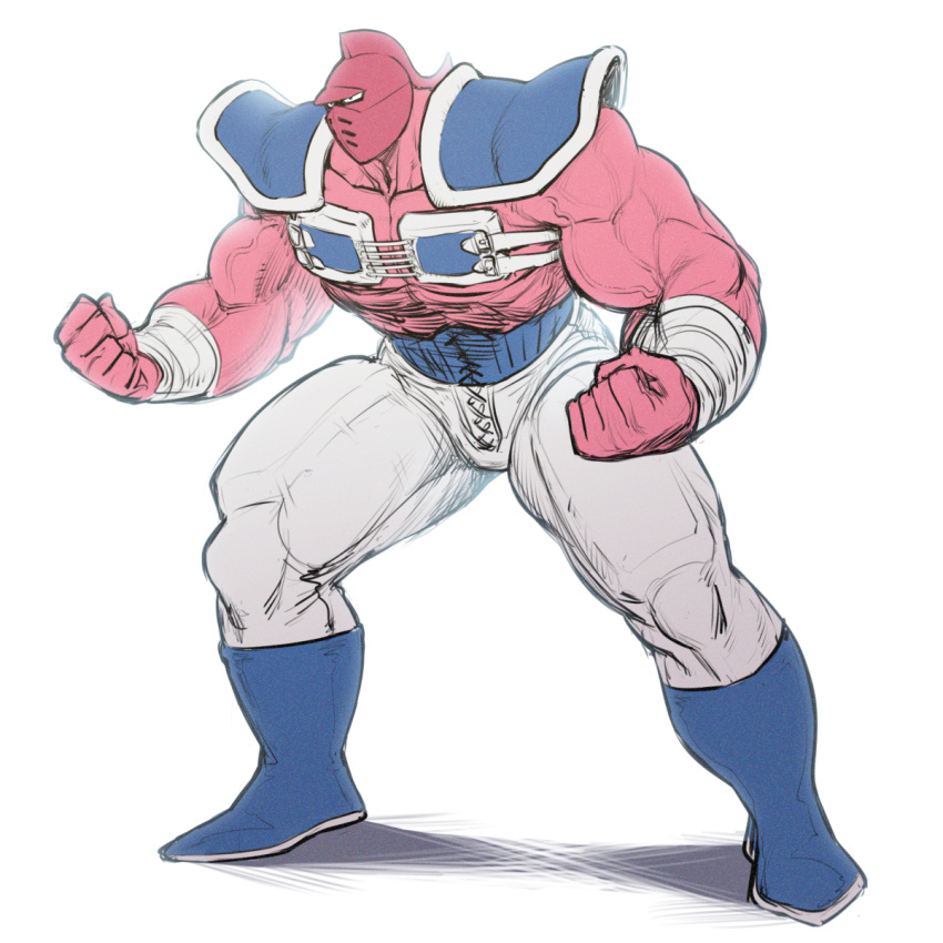 1boy backlighting bandaged_arm bandages blue_footwear boots clenched_hands full_body helmet highres kinnikuman kinnikuman_big_body male_focus muscular muscular_male shoulder_pads solo space_jin veins