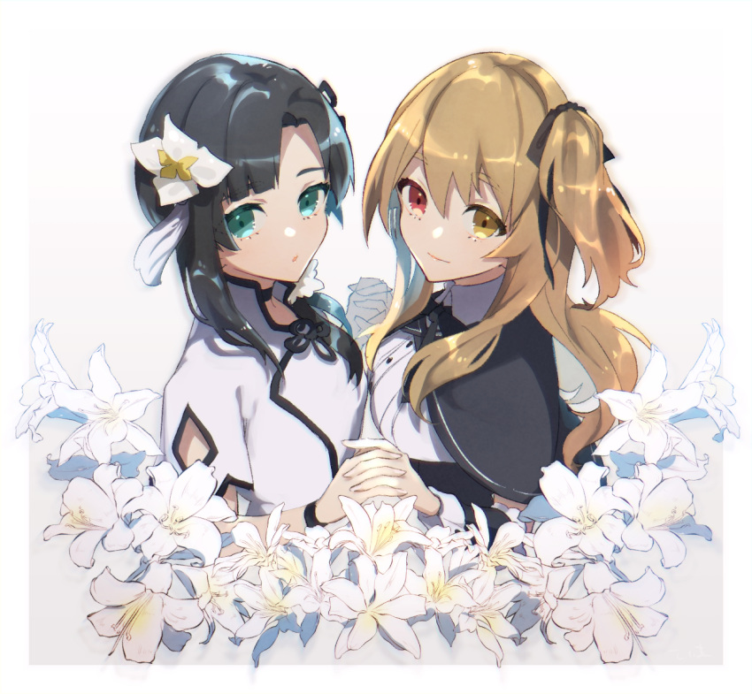 2girls assault_lily black_hair black_ribbon brown_hair china_dress chinese_clothes dress flower green_eyes hair_flower hair_ornament heterochromia highres holding_hands kuo_shenlin lily multiple_girls one_side_up ribbon school_uniform tia_(cocorosso) wang_yujia yuri